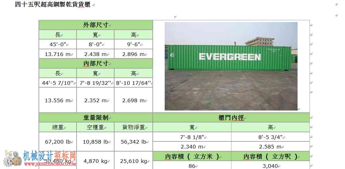 集装箱尺寸样本手册